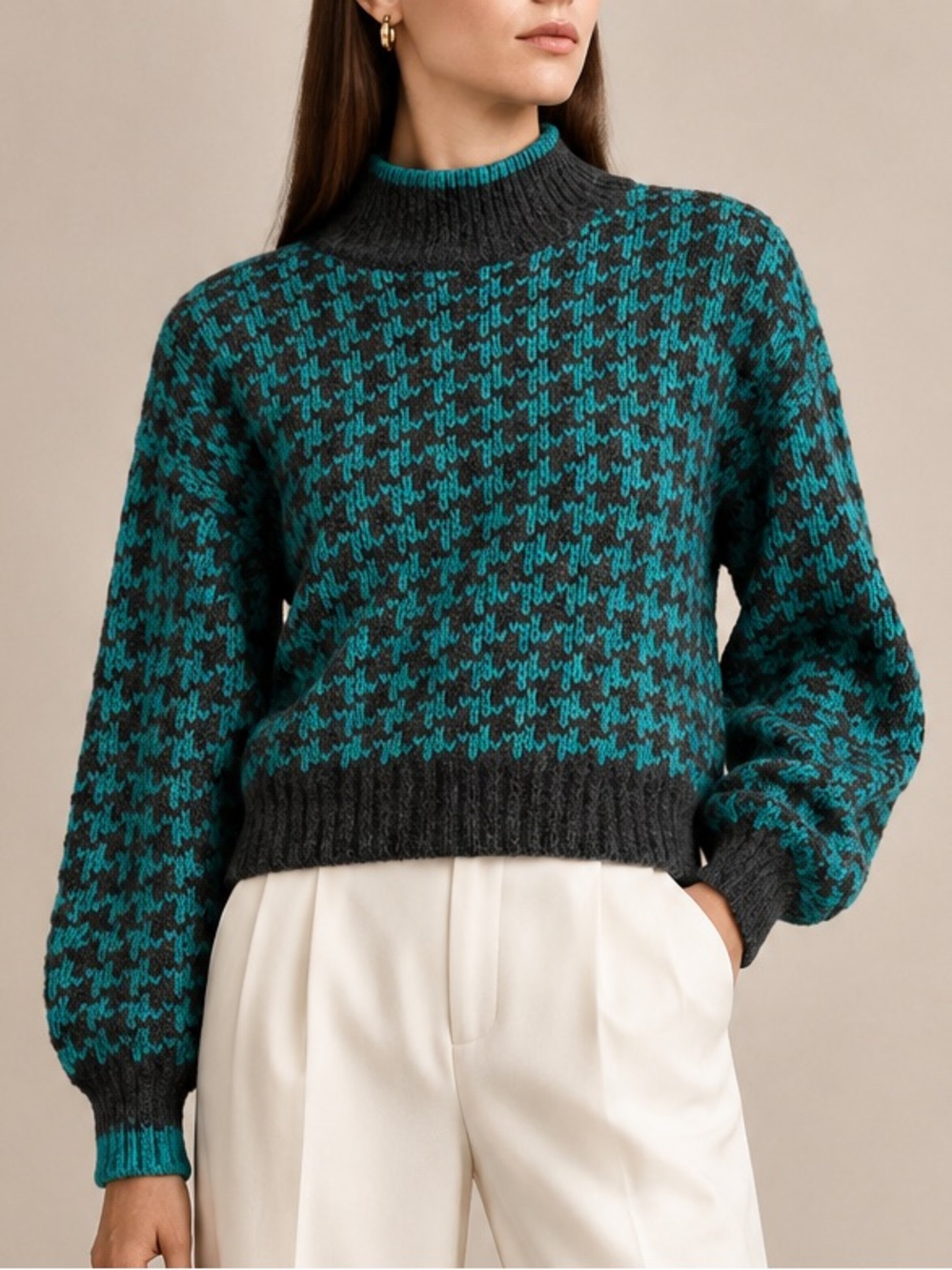 REVOLVE Teal and Charcoal Houndstooth Mock Neck Sweater